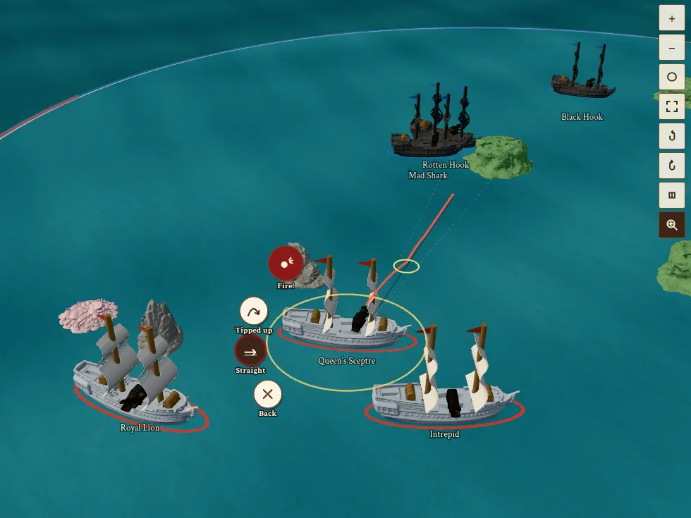 A Queen's Fleet ship lining up a shot at a Corsair ship, with Fire, Tipped up and Straight buttons around it.