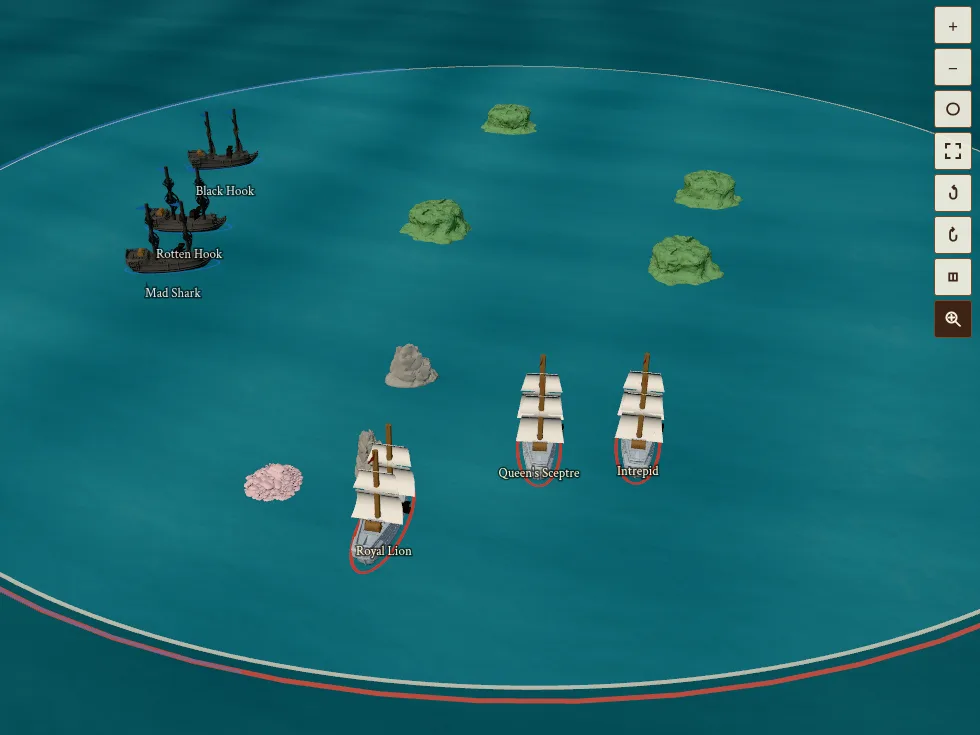 The web game's 3D view of a round table, with three white Queen's Fleet ships near the bottom edge, black Corsair ships across the table and green islands between them.