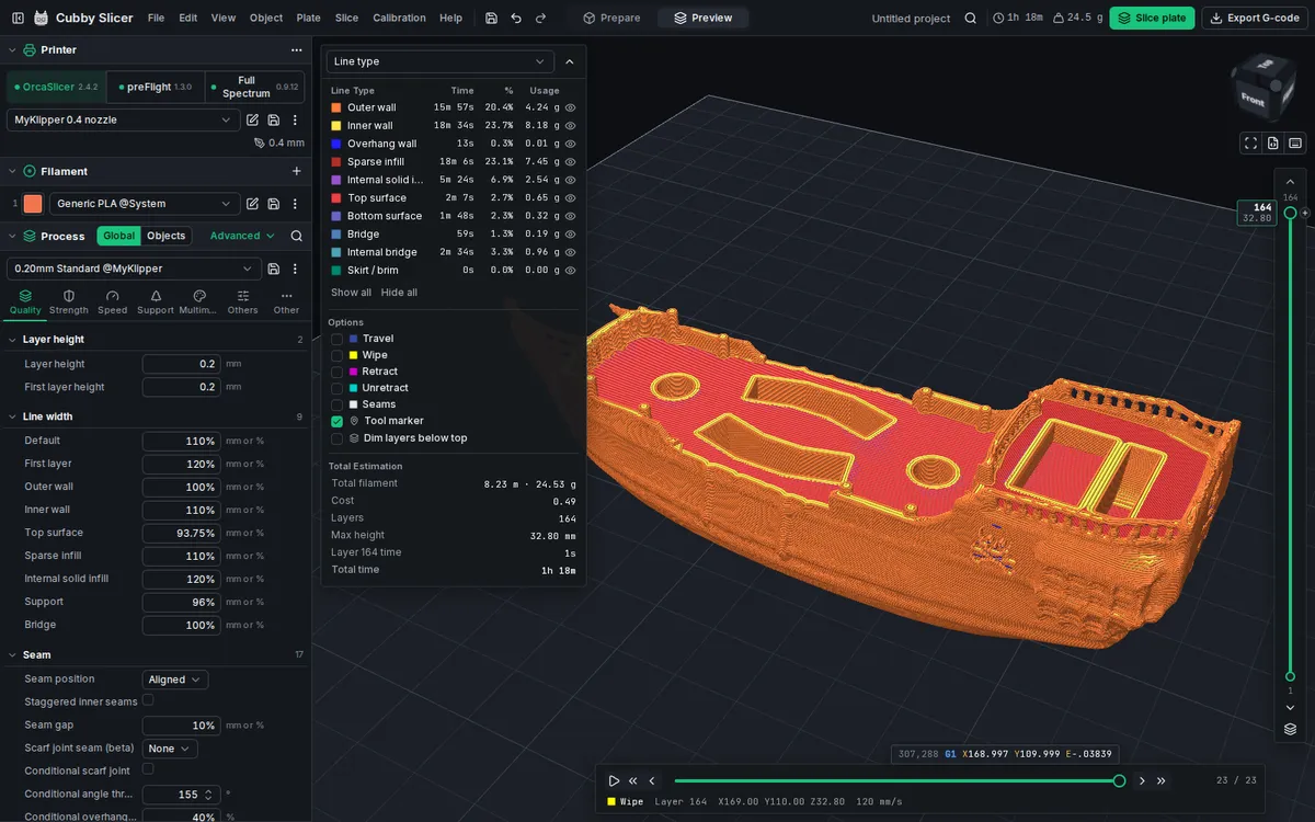 The Corsair hull sliced in CubbySlicer, showing the layer preview and the time and filament estimate