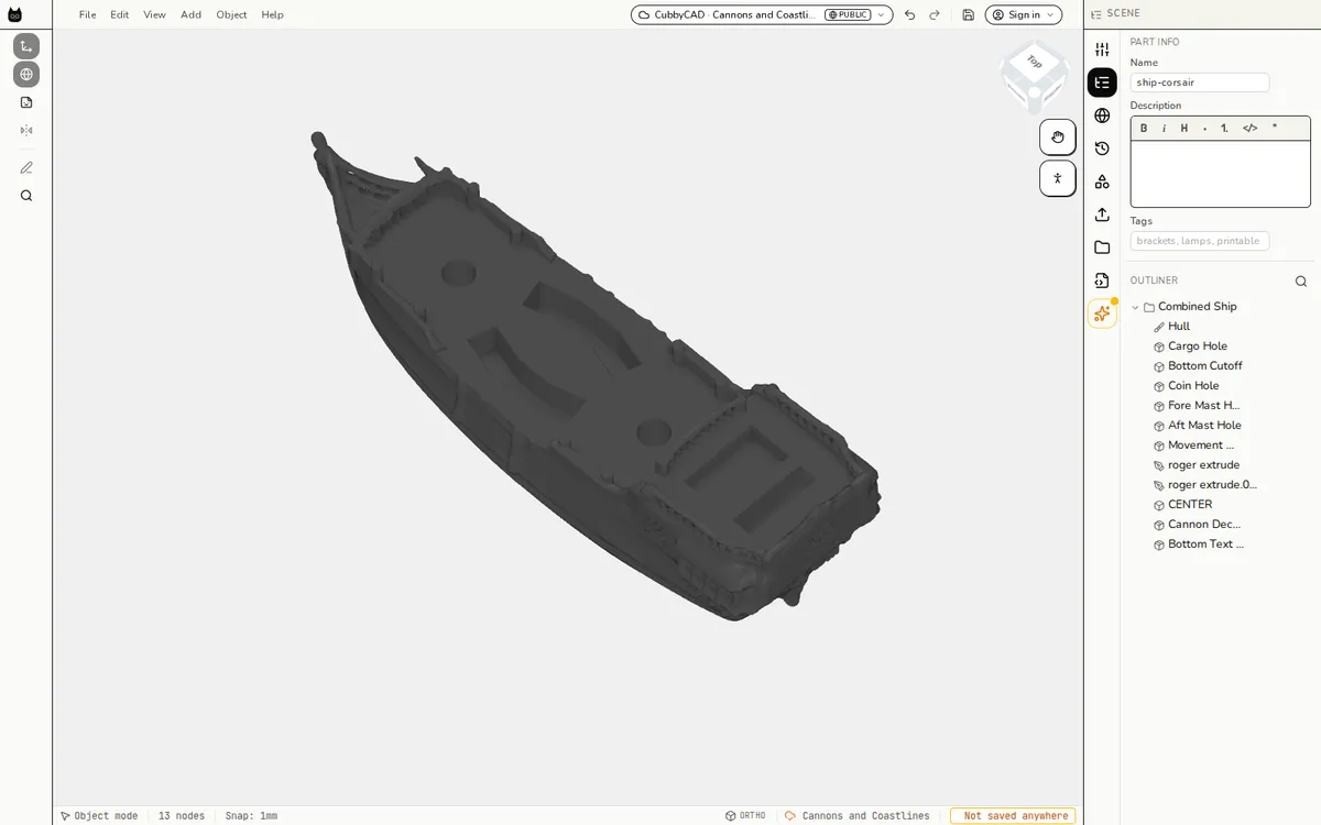 The Corsair hull open in the CubbyCAD editor, with the outliner listing the hull and its cutouts