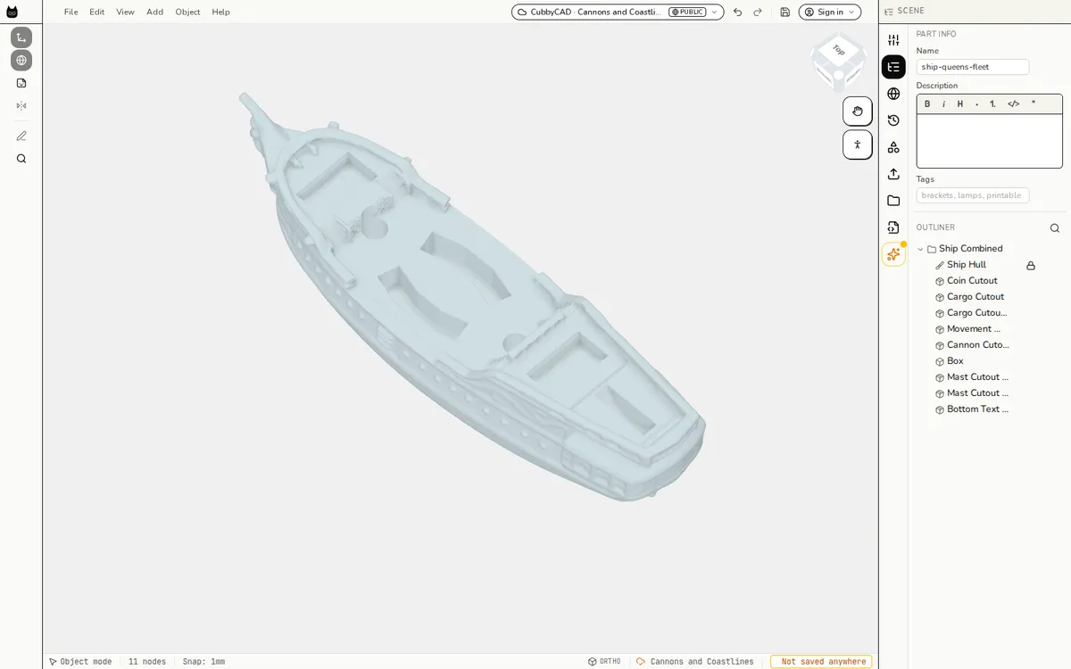 The Queen's Fleet hull open in CubbyCAD, with the same list of cutouts in the outliner